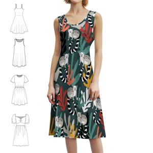 열대 잎과 귀여운 레뮤르 프린트 여성을위한 보헤미안 민소매 드레스 프린트 비치 파티 드레스 옐로우 블루 블랙 그레이 핑크