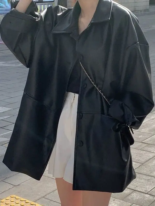 블랙 라펠 가죽 자켓 여성용 루즈핏 레트로 스타일리쉬 숏 아우터웨어 (체형 작은 분들을 위한) 가을 겨울 패셔너블 코트