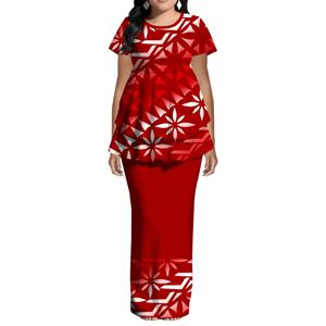 부족 패턴 꽃무늬 디자인 여성 드레스 폴리네시아 푸레타시 라운드넥 반팔 피쉬테일 패치워크 디자인 2피스 세트