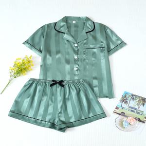 투피스 새틴 스트라이프 라펠 반소매 상의와 주머니가 있는 리본 반바지 여성용 파자마 라운지웨어 세트 가정용 적합
