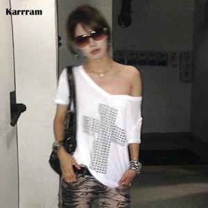 카라람 일본 Y2K 메탈 크로스 프린트 티셔츠 트래시 2000년대 브이넥 시어 탑 빈티지 하라주쿠 반팔 스트리트웨어 그런지