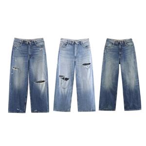 새로운 가을/겨울 패션 캐주얼 미드 웨이스트 홀 솔리드 컬러 루즈핏 와이드 레그 청바지, 3가지 색상