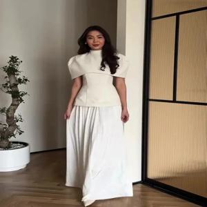 우아한 망토 터틀넥 탑 세트 여성 허리 조임 하이웨이스트 플리츠 A라인 롱 스커트 슈트 2026 레이디 봄 가을 의상