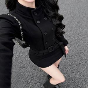 한국 패션 하이웨이스트 더블 브레스티드 블랙 울 코트 가을 겨울 스타일 여성용 슬리밍 미니스커트 투피스 세트