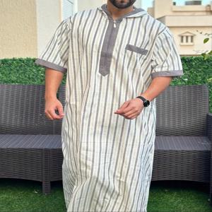 남성 전통 민족풍 스트라이프 후드 로브 반팔 루즈핏 캐주얼 예배복 아프리카 중동 스타일 루즈핏
