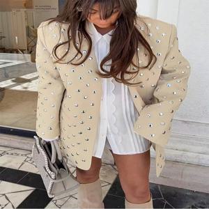 SLTNX 여성용 리벳 장식 캐주얼 블레이저 긴 소매 V 넥 베이지 봄 가을 코트