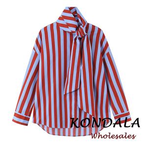 KONDALA 빈티지 스트라이프 보우 여성 캐주얼 비대칭 셔츠 패션 2026 봄 싱글 브레스트 셔츠 streetwear 세련된 여성 셔츠