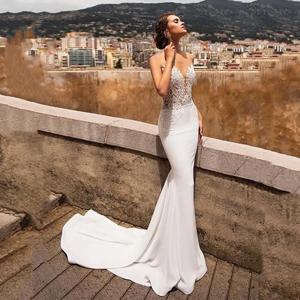여성을위한 섹시한 인어 오픈 백 웨딩 드레스 2025 브이 넥 레이스 Appliqued Backless Bridal 가운 Vestidos De Novia Customized