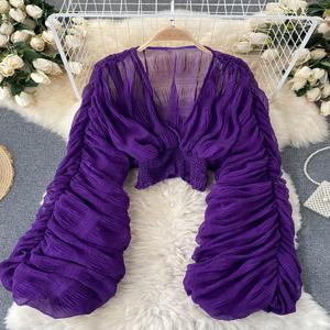 여름 섹시 드레이핑 시폰 블라우스 여성용 우아한 V넥 퍼프 롱 슬리브 숏탑 여성 슬림 파티 셔츠 2022 신상