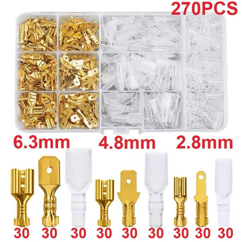 박스 절연 남성 여성 와이어 커넥터 2.8/4.8/6.3mm 전기 압착 단자 Termin 스페이드 커넥터 모듬 키트 270PCS
