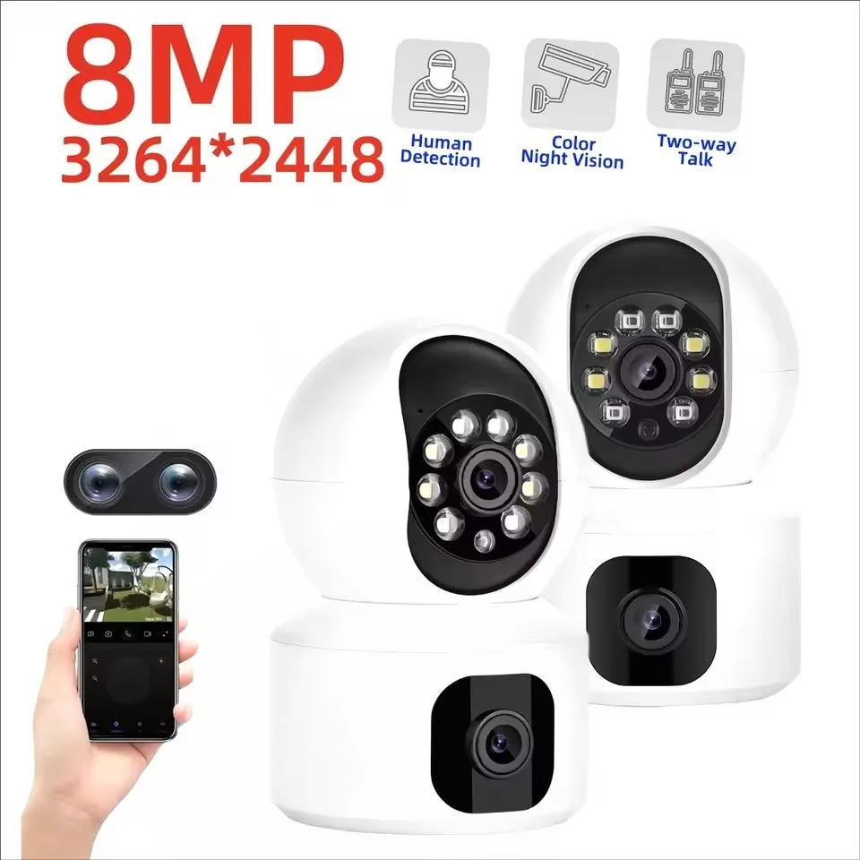8MP WiFi IP 카메라 듀얼 렌즈 베이비 모니터 컬러 나이트 비전 인간 자동 추적 비디오 스마트 홈 감시 카메라