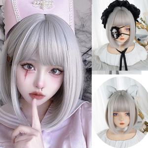 실버 합성 로리타 가발 짧은 스트레이트 헤어 밥 가발 앞머리 어깨 길이 스트레이트 헤어 여성 가발 코스프레 로리타