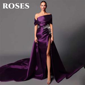 ROSES 보라색 이브닝 가운, 원 숄더 트럼펫 구김 새틴 파티 원피스, 플리츠 새틴 하이 사이드 슬릿, 댄스 파티 드레스