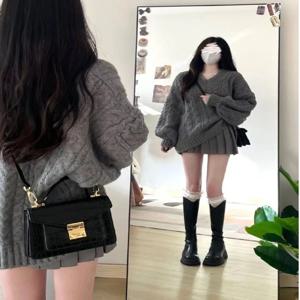 트렌디한 레이지 스타일 니트 스커트 세트, 하이 패션 스몰 사이즈 스트리트웨어, 가을 겨울 V넥 긴팔 폴리에스터 혼방