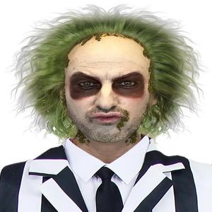 대머리 모자 광대 짧은 곱슬 가발 녹색 푹신한 물결 모양의 가발 파티 코스프레 가발 할로윈 가발 남자, 6 인치 합성 가발