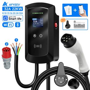 AFYEEV 32A EV 충전소 22KW 3상 전기 자동차 차량용 충전기 11KW Type2 IEC62196-2 EVSE Wallbox APP 제어 5m 케이블