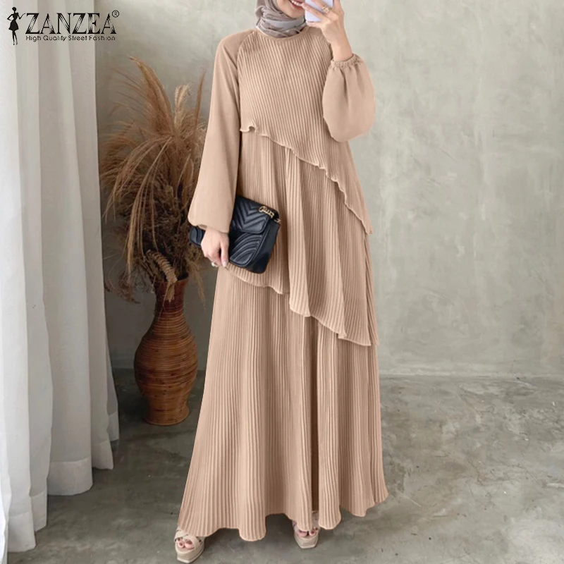 ZANZEA 패치 워크 랜턴 슬리브 Abaya 가운 여성 Plisse 계층화 된 우아한 맥시 드레스 이슬람 패션 이슬람 Hijab Pleated Dress