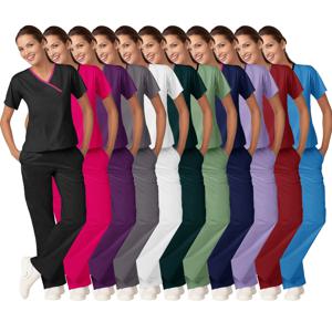 의료용 여성용 스크럽 세트, 스트레치 대비 바인딩 탑 및 바지, 병원 작업복, 부드럽고 내구성 있는 수술 스크럽 유니폼