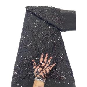 2025 블랙 아프리카 나이지리아 하이 퀄리티 스팽글, 얇은 명주 그물 레이스 원단 자수, 웨딩 파티 Guipure 원피스 비즈 스톤, 2.5 야드