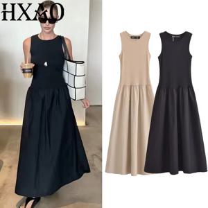 HXAO 여성용 블랙 롱 드레스 2025 봄 민소매 우아한 드레스 패션 캐주얼 빈티지 파티 카키 드레스 Vestidos