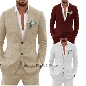 블레이저와 바지 2 피스 세트, 리넨 세트, 맞춤형 정장, A 슬롯 포켓, 디자이너 의류, 사무실 이브닝 파티 조끼