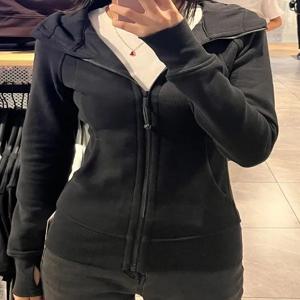 슬림핏 퓨어 컬러 코튼 후드 재킷 여성용 봄 가을 지퍼 가디건 허리 조절 스웨트셔츠 한국 스타일 탑