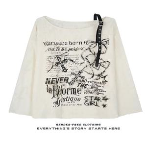 빈티지 Y2K 오버사이즈 오프숄더 프린트 티셔츠 여성용 데미지 롱 슬리브 배기 베이직 티셔츠 풀오버 여성용 탑