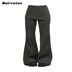 Botvotee 가짜 투피스 플러스 사이즈 여성용 와이드 레그 청바지 2025 New Y2k 패션 스트리트웨어 하이 웨이스트 플레어 데님 바지