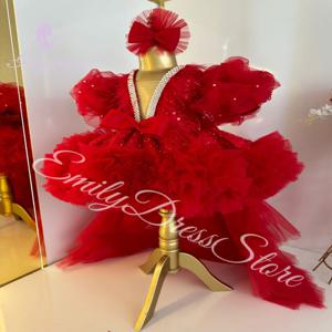 결혼식을위한 맞춤형 붉은 꽃의 소녀 드레스 계층화 된 깃털 Tulle Sequins 활 생일 파티 첫 성찬식 가운