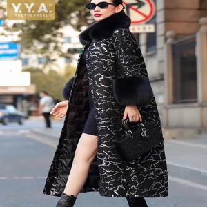 여성용 폭스퍼 칼라 양가죽 다운 재킷 우아하고 고급스러운 롱 프린팅 스트레이트 코트 여성 겨울 오피스 리얼 레더 오버코트