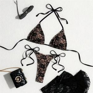 삼각형 스트링 홀터 비키니 세트 3피스 블랙 레이스 메쉬 수영복 끈 팬티 섹시 수영복 커버업 여성용 2026 수영복 비키니