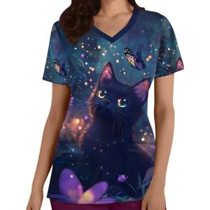 임상 유니폼 여성 패션 나비 인쇄 여름 v 넥 치과 여성 스크럽 마이크로 스트레치 짧은 소매 간호사 유니폼 여성