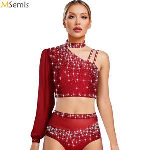 여성 현대 발레 댄스 탑 체조 서정적 댄스 레오타드 의상 쉬어 메쉬 긴 소매 반짝 이는 라인 석 크롭 탑