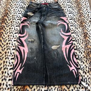 Y2K 디스트로이드 데님 팬츠 다크 워시 와이드 레그 디스트레스드 핑크 불꽃 자수 E걸 배기 힙합 펑크 스타일 여성용 바지