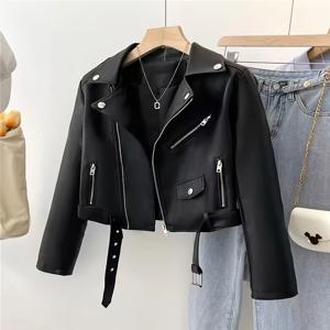 봄과 가을 여성 짧은 미국 복고풍 Pu 오토바이 가죽 슬림 재킷