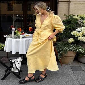 토시 여름 러플 2피스 세트 맥시 스커트 여성용 V넥 레이스업 반팔 셔츠 탑과 슬림 하이웨이스트 롱 스커트 세트