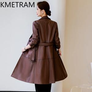 정품 가죽 자켓 여성 100% 양피 갈색 자켓 여성 럭셔리 중간 길이 가죽 트렌치 코트 가을 옷 2025 дубленка