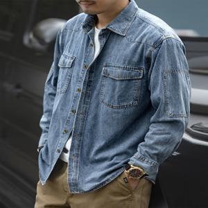 워싱 데님 긴팔 남성 셔츠 빈티지 워크웨어 스타일 봄 가을 패셔너블한 다용도 아우터웨어 청년 트렌드 면 혼방