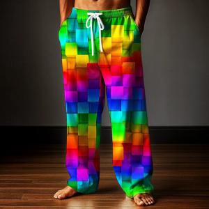 남성용 기하학 무지개 그리드 격자 무늬 바지 바지 중간 허리 졸라 매는 끈 신축성있는 허리 캐주얼 야외 남성용 와이드 레그 바지