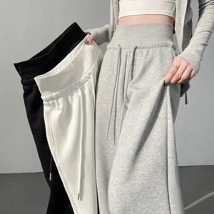 여성 클래식 하이웨이스트 트라우저, 여성용 루즈핏 와이드 레그 캐주얼 팬츠, 여성스러운 한국 스타일 홈웨어/데일리 스웨트팬츠, 핫세일