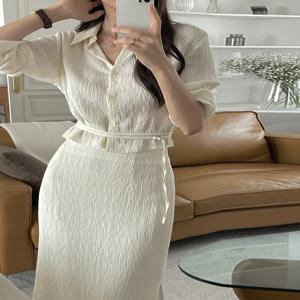 한국 스타일 여성 패션 세트 하이웨이스트 슬림핏 반팔/긴팔 가을 스커트와 셔츠 투피스 수트