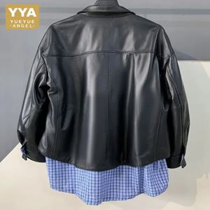 오피스 레이디스 패치워크 컬러 라펠 천연 가죽 재킷 루즈 싱글 브레스티드 포켓 롱 슬리브 양가죽 아우터웨어