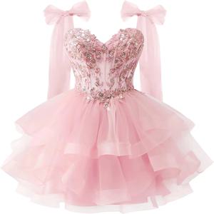 티어드 튤 홈커밍 드레스 반짝이는 레이스 아플리케 리본 스트랩 짧은 프롬 드레스 청소년용 칵테일 드레스 졸업 드레스