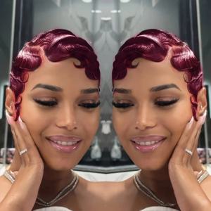 핑거 웨이브 브라질리언 레미 인모 13x4 레이스 프론트 가발 180% 밀도 픽시 컷 자연스러운 룩 블랙 99j 가발