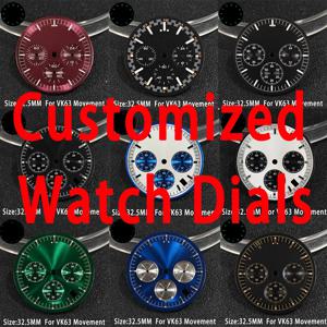 맞춤형 시계 VK63 다이얼 32.5mm C3 녹색 야광 다채로운 캘린더 창 미네랄 크리스탈 글라스 케이스 시계 액세서리