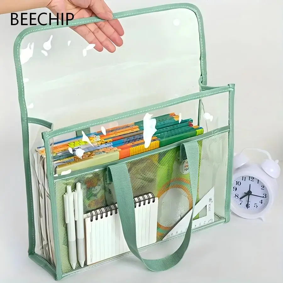 대용량 휴대용 투명 방수 핸드헬드 폴더, 확장 가능한 파일 보관 가방, PVC 자가 접착 파일 가방