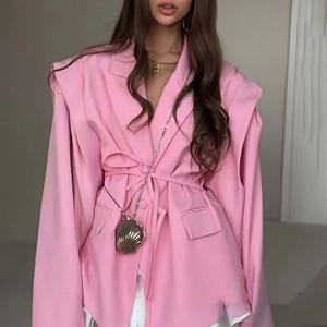 세련된 캐주얼 루즈핏 긴소매 수트 재킷 여성 프린트 코트 출퇴근 스타일 폴리에스터 데일리룩 싱글 버튼