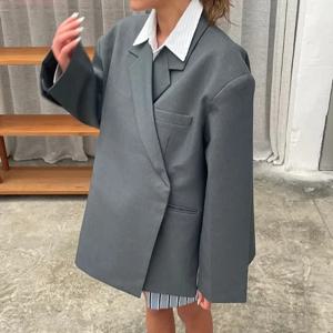 루즈 엘레강트 그레이 비대칭 블레이저 여성용 라펠 긴 소매 스플릿 수트 재킷 2025 가을 겨울 여성 패션 아우터웨어 스트리트