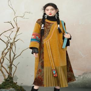 TIYIHAILEY 가을 겨울 여성 중국 스타일 자수 노란색 드레스 롱 미드-칼프 레이디스 빈티지 패치워크 플리츠 O넥