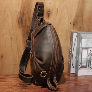 남성용 크레이지 호스 가죽 크로스바디 체스트 백 수제 최상급 소가죽 빈티지 싱글 숄더백 레저 순색